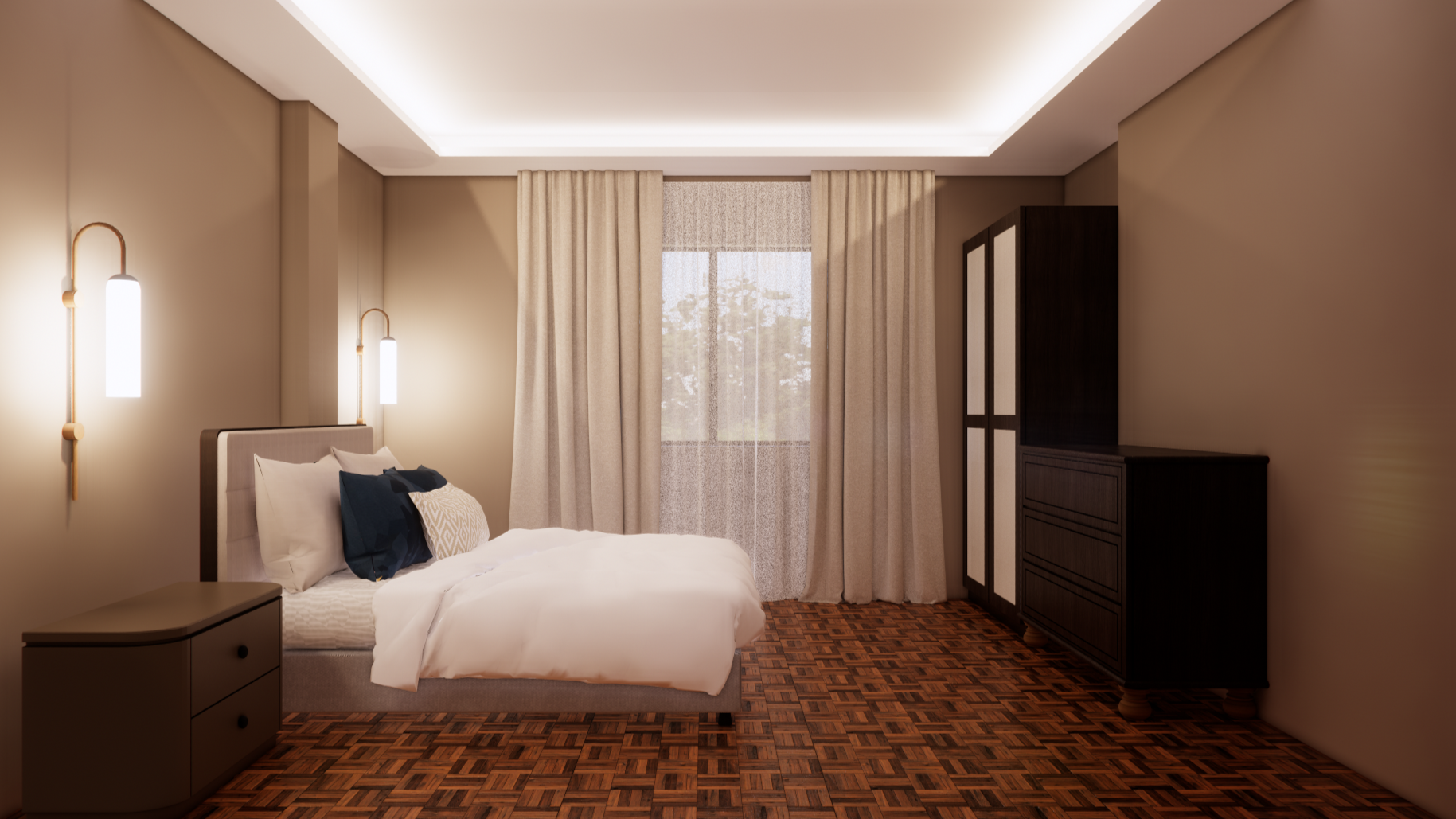 How to make a small room look bigger showing ceiling height curtains low contrast neutral walls and layered warm wall sconce lighting.