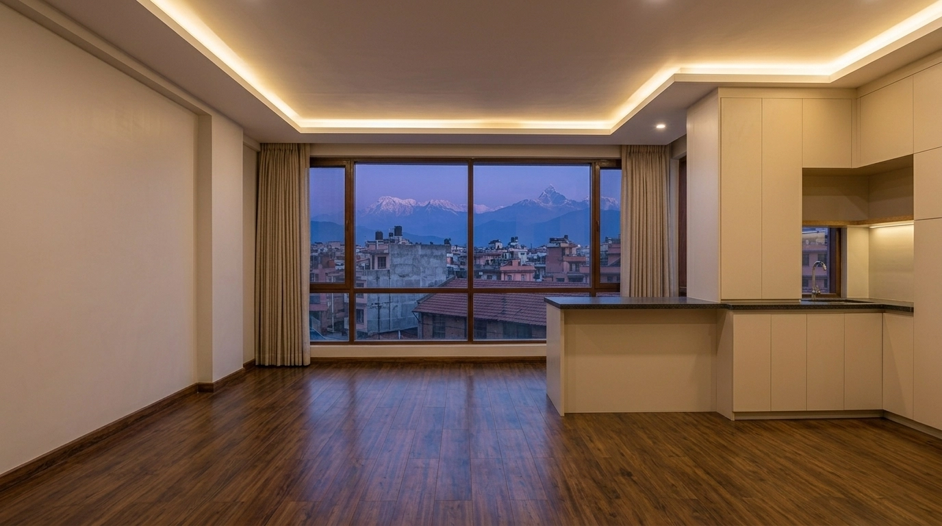 Empty minimalist interior design nepal , a room in Kathmandu apartment, featuring dark wood flooring and large windows with a stunning panoramic view of the snow-capped Himalayan mountains.