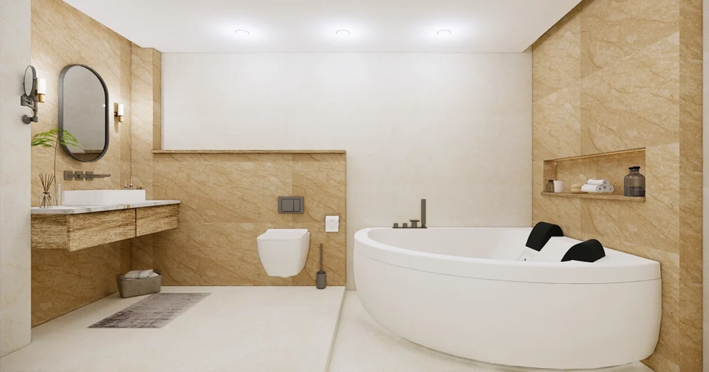 Luxury bathroom with bathtub and marble-effect tiles featuring sophisticated bathroom design ideas.