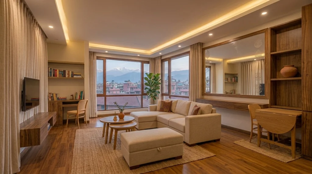 Fully furnished modern minimalist livingarea in a Nepali home, featuring an L-shaped sofa, nesting tables, and functional wood cabinetry, with a mountain view through large windows.