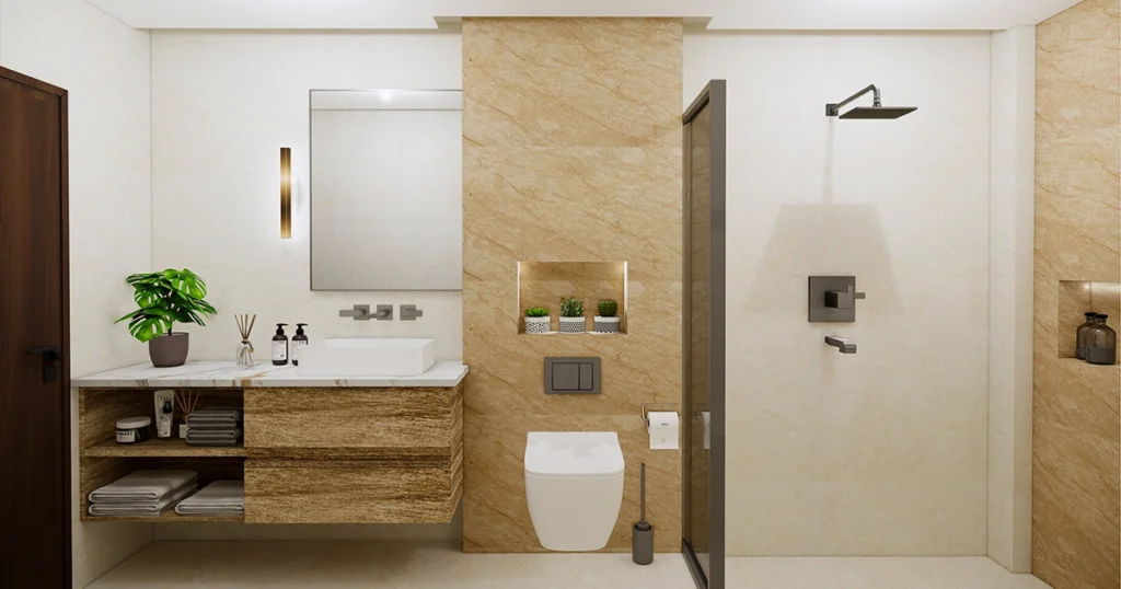 Small minimalist bathroom featuring wall-hung toilet and integrated niche for bathroom design ideas.