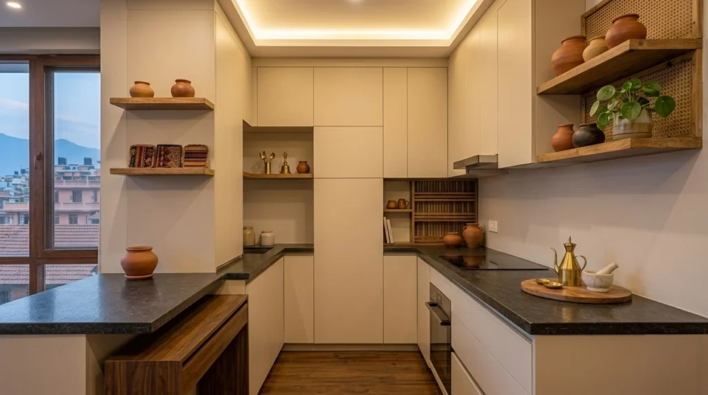 A modern minimalist kitchen in Nepal, featuring clean, flush cream-colored cabinetry, dark stone countertops, and curated displays of traditional terracotta earthenware and handcrafted brass items.