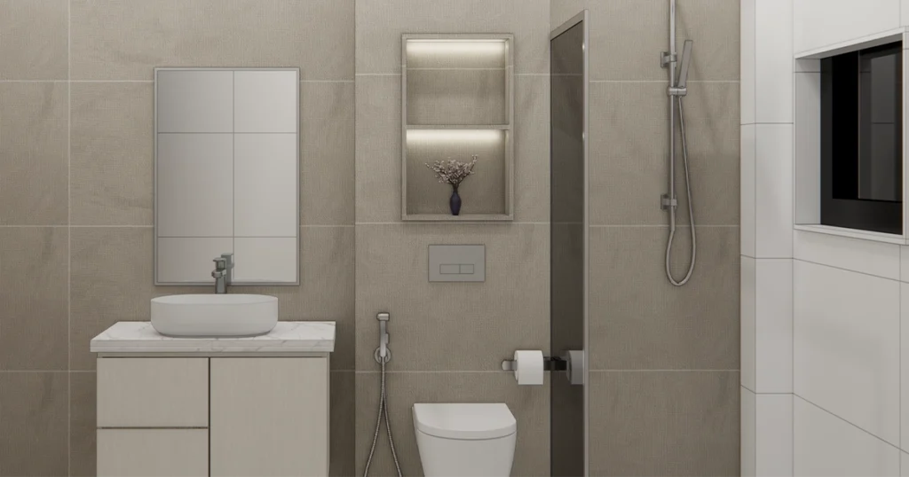 A view of a contemporary bathroom emphasizing neutral tile consistency and concealed storage. It illustrates how surface management is essential for successful bathroom design ideas.