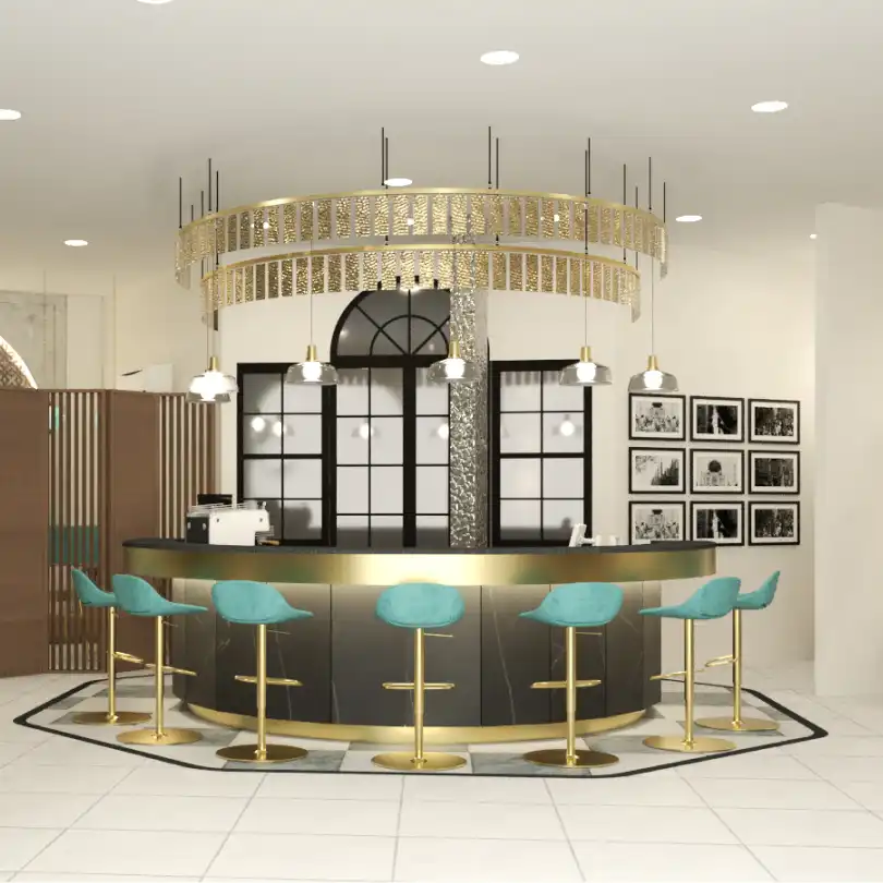 Black Gold cafe interior design featuring rich teal green paneled wall grid, glass globe pendant lights, gold-framed cream chairs, and botanical wallpaper accent in Nepal.