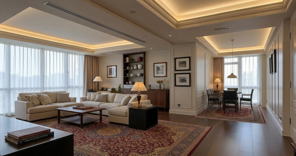 small house interior design ideas 
featuring layered false ceiling cove lighting, cream walls, dark wood flooring, and a traditional patterned rug.