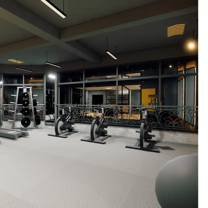Baluwatar Gym interior design featuring spin stationary bikes, rubber fitness flooring, linear LED strip lights, and wrought iron railing accent in Kathmandu.