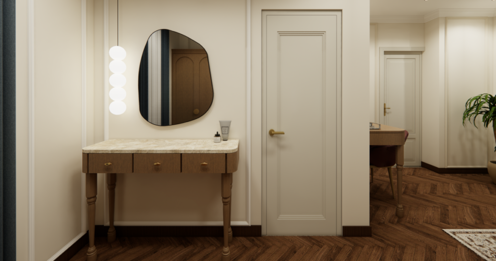 Bedroom decoration ideas 2026 in bedroom design ideas Kathmandu showing a custom marble console table, organic wall mirror, and vertical pendant light.