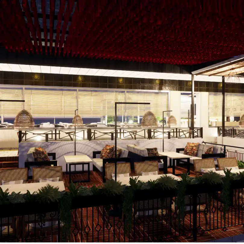 Ghangri Restaurant interior design featuring woven rattan pendant lamps, cane-back dining chairs, plush lounge sofas, and crimson red baffle ceiling design in Nepal.