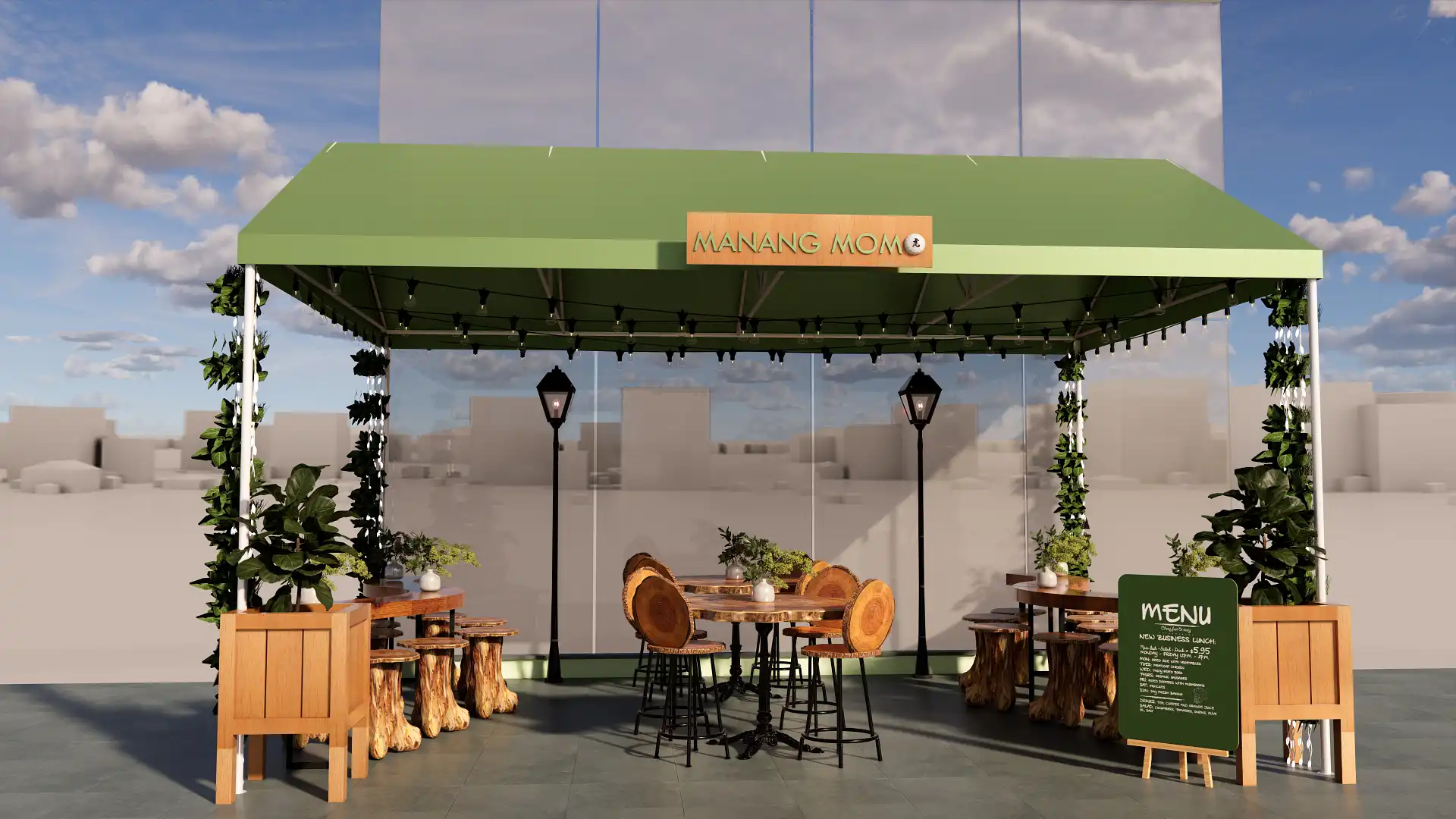 Manang Momo outdoor rooftop dining area with canopy tent, rustic wooden log stools, warm fairy lights, and sunset background in Nepal.