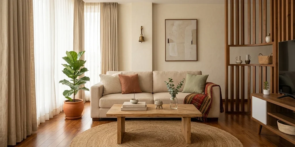 Budget-friendly living room featuring floor-to-ceiling light linen curtains, a cheap home decor that looks expensive, woven jute rug, and a large indoor fiddle-leaf fig plant.
