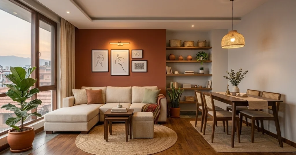 For Furniture Layout Tips for Small Homes, Compact open-plan apartment interior showing a living sofa area anchored by a round jute rug next to a wooden dining set on a rectangular rug.