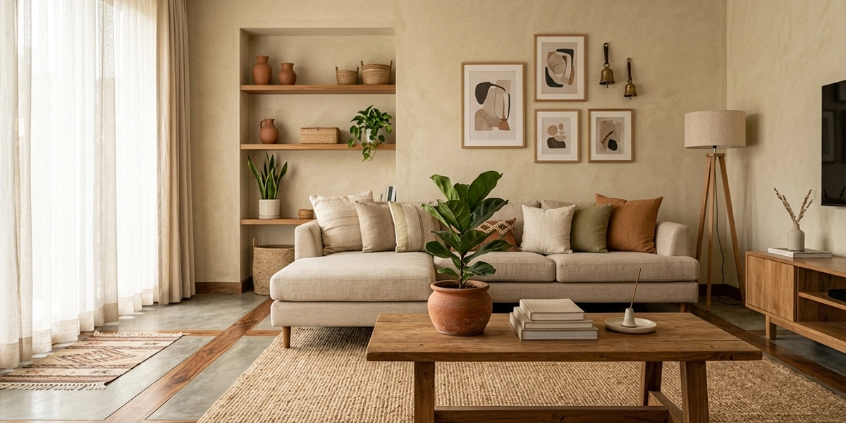 Budget-friendly modern Nepali living room featuring warm beige tones, wooden furniture, terracotta decor, and indoor plants.