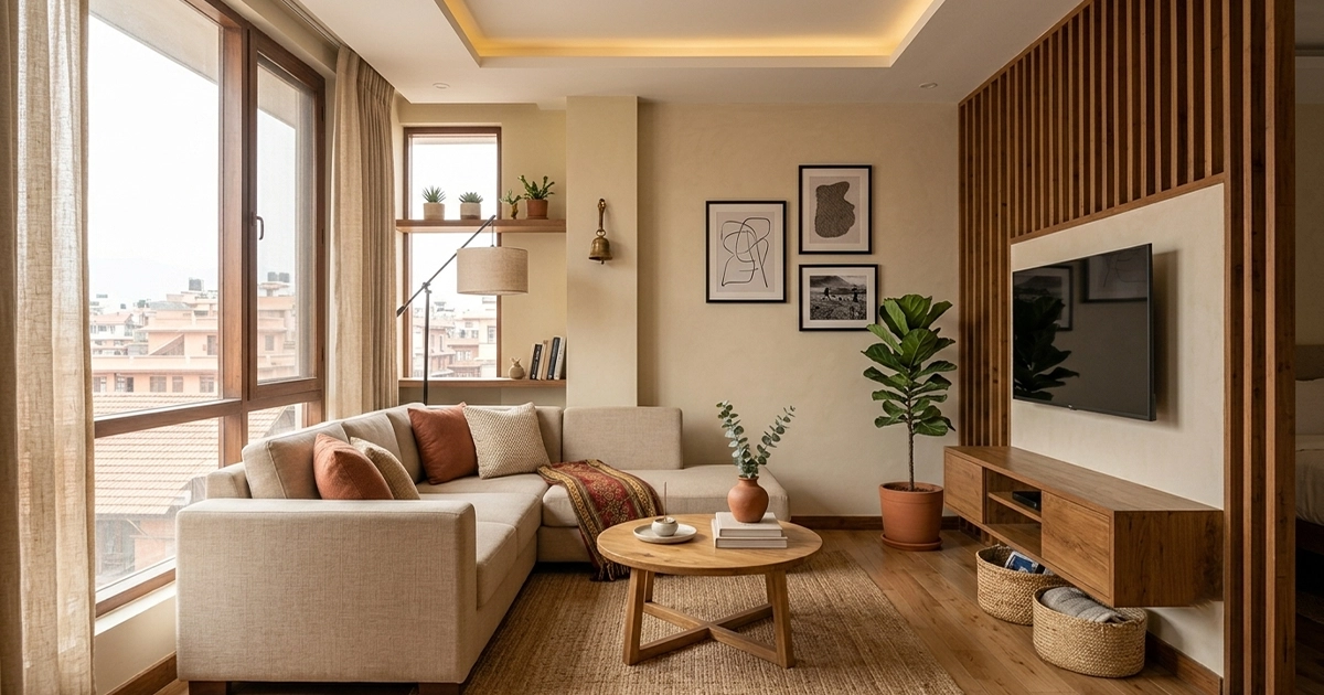 Furniture Layout Tips for Small Homes for small modern living room featuring an L-shaped sofa, round coffee table, floating wooden TV unit, and floor-to-ceiling windows.