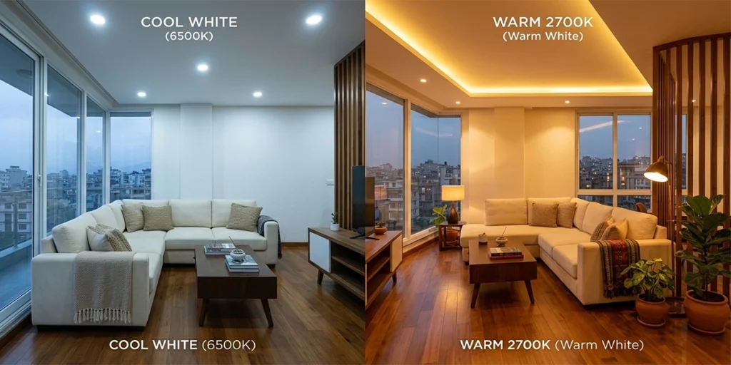 Side-by-side comparison showing a cheap home decor that looks expensive, living room with clinical cool white lighting versus cozy warm 2700K white lighting.