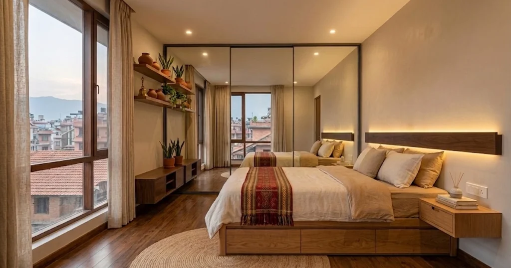 A tranquil, space-saving master bedroom featuring a wooden platform bed with built-in storage drawers, floating nightstands with warm backlighting, floating display shelves, and floor-to-ceiling mirrored wardrobe doors that double the visual space.