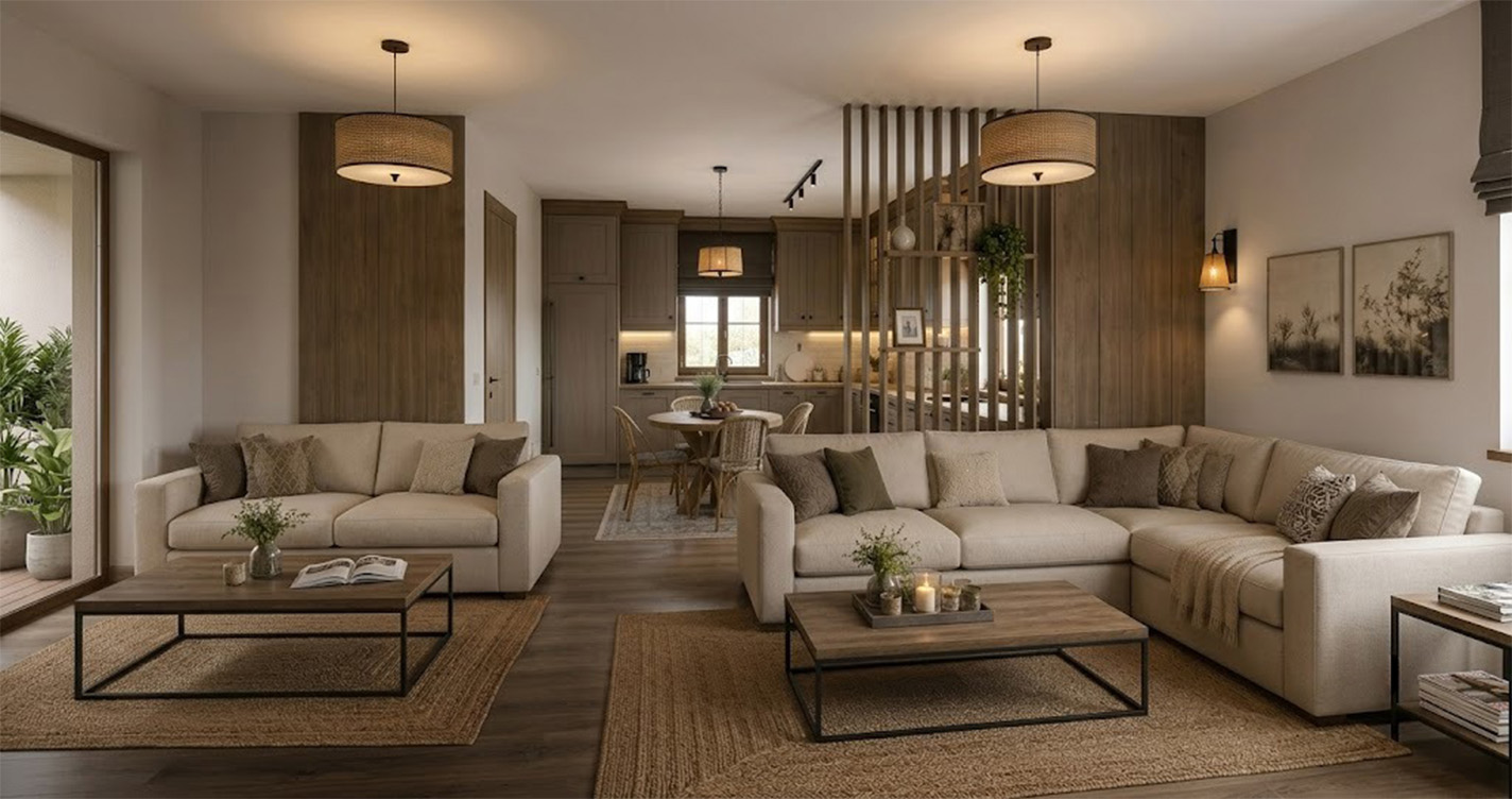 Open plan small house interior design ideas featuring a wooden slatted room divider, consistent warm neutral palette, beige sectional sofa, and woven pendant lamps.