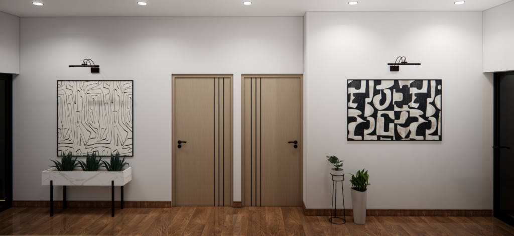 Minimalist small house interior design ideas with light oak doors, white walls, black frame wall art, and slim elevated planter stands keeping floor space clear.