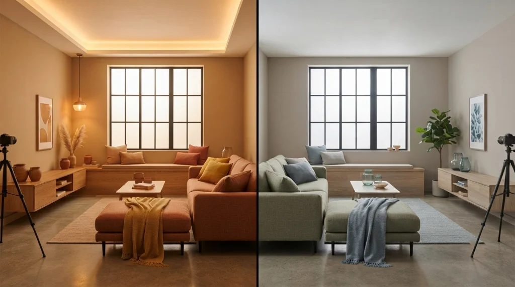 Split-view interior showing warm vs cool color psychology in interior design.