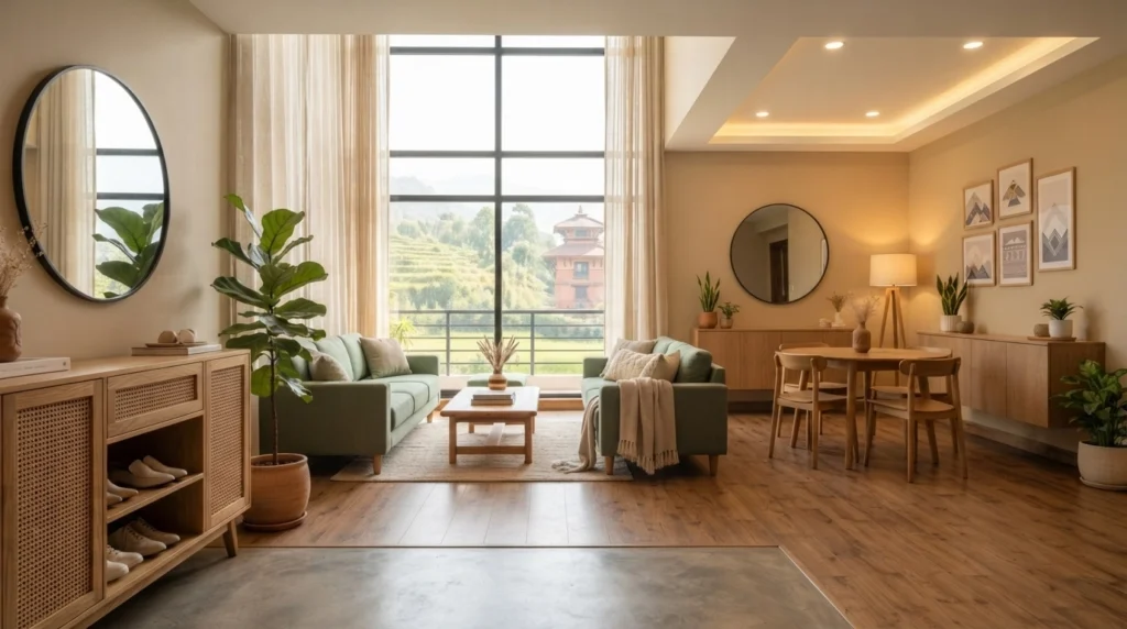 Timeless modern Nepali home interior with mixed furniture and natural materials.