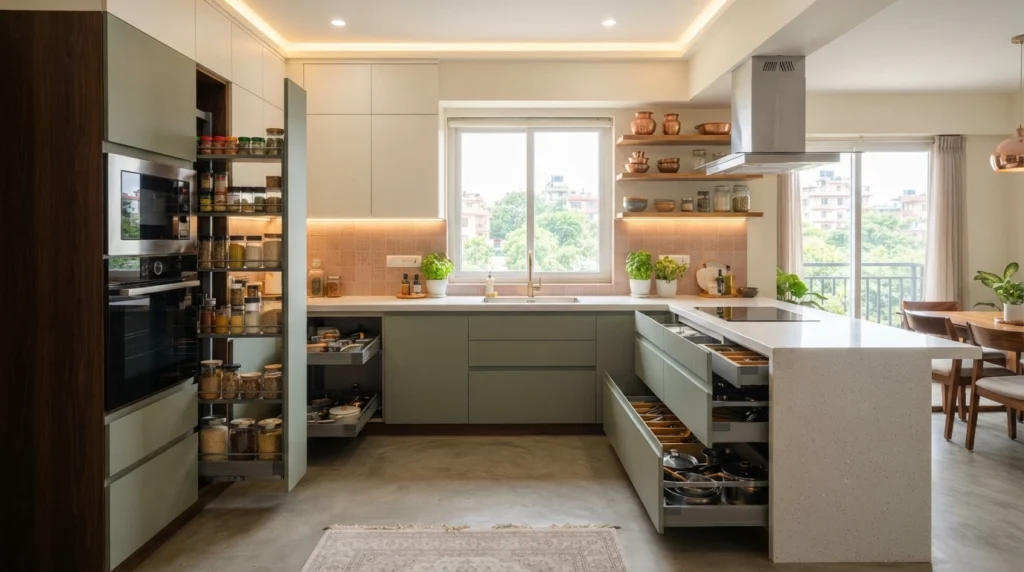 Modern modular kitchen interior in Nepal with smart pull-out storage, sage green cabinets, and quartz countertops.