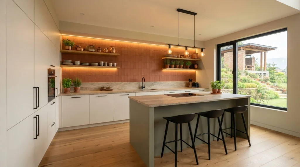 Contemporary kitchen design in Nepal featuring warm white cabinets, terracotta backsplash, and wooden island.