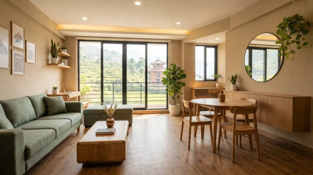 Compact modern apartment with wide walking paths and multifunctional furniture layout.