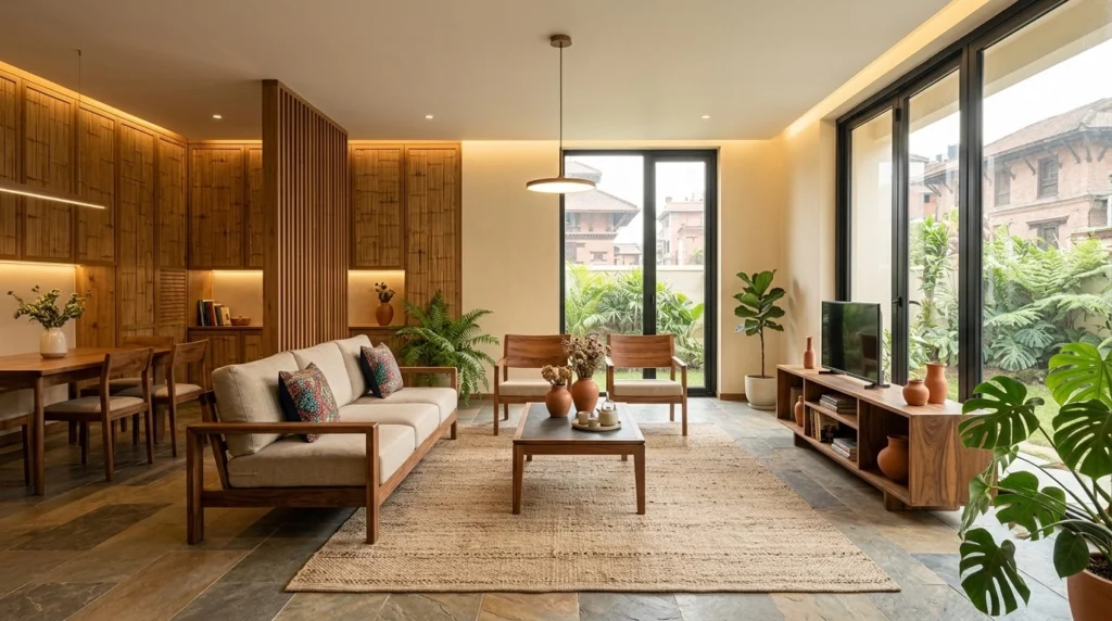 A sophisticated living and dining space blending bamboo wall paneling, stone floors, and expansive glass doors.
