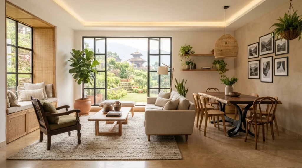 Modern Nepali home entrance and living room with natural wood.
