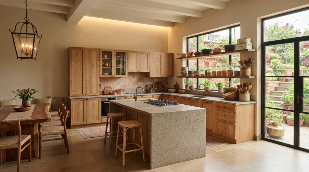 Timeless open-concept family kitchen in Nepal with natural wood cabinets and indoor-outdoor garden view.