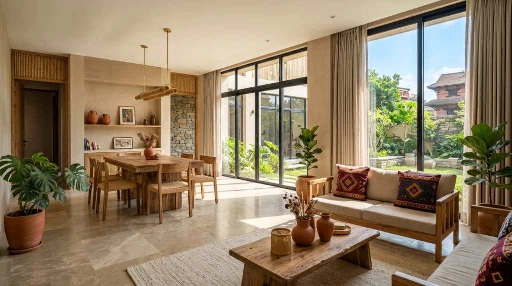An inviting living area flooded with natural light, featuring custom timber furniture and traditional earthenware decor.